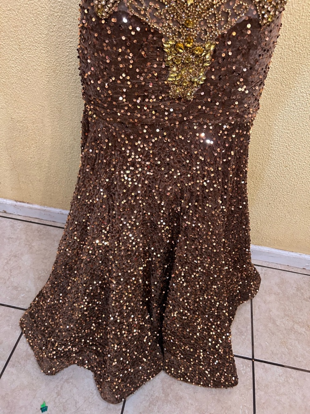 Backless Brown Sequin Evening Gown with Gold Embellishment - Picture 8 of 15